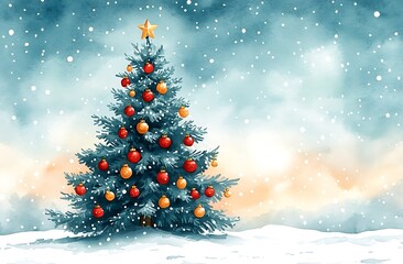 Obraz premium Decorated pine tree with red and gold ornaments in snowy weather Christmas tree red ornaments