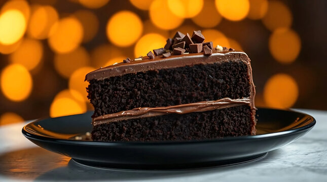 Chocolate cake slice with glossy ganache, ideal for premium dessert branding