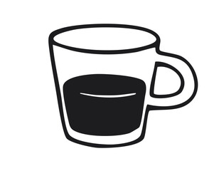 Black silhouette of glass cup filled with espresso. Minimalist black and white icon illustration. Espresso drink symbol. Coffee beverage concept for design and print