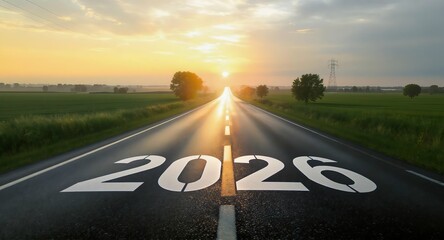 Road Leading to the Year 2026 with Sunset Background