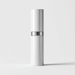 White cylindrical cosmetic container with silver band