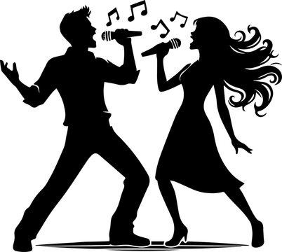 Male and female singers performing duet with microphones and music notes . Couple singing duet karaoke