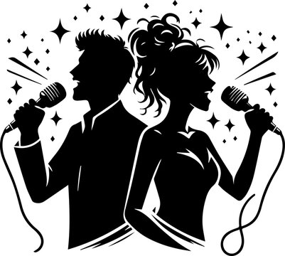 Couple singing duet karaoke with microphones in silhouette style  