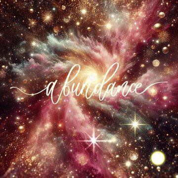 Abundance. Hand drawn calligraphy incription against the backdrop of the cosmic universe.