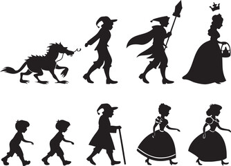 Obraz premium Silhouettes of Fairy Tale Characters Icons on White Background Premium Vector Set