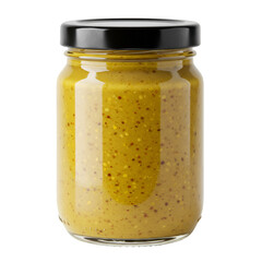 Photo of Mustard Jar with Black Lid Isolated Background