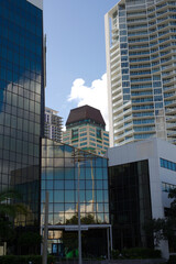 Modern Glass Skyscrapers in Urban Street Scenery with Bright Blue Sky downtown St. Petersburg, FL....