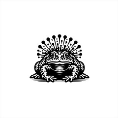 Obraz premium Stylized black and white illustration of a frog with a spiky crown