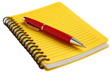 Yellow spiral-bound notebook with red pen (1)