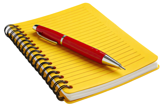 Yellow spiral-bound notebook with red pen (1)