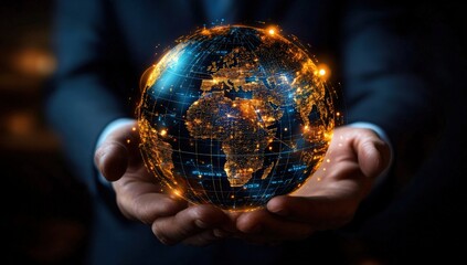 Fototapeta premium Hands holding a glowing digital globe with illuminated continents, symbolizing global connectivity and technology.