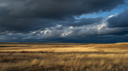 Fototapeta premium Storm clouds loom over prairie as golden light pierces through, nature's dramatic contrast unfolds