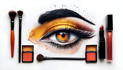 Artistic Eye Makeup Illustration Flat Lay with Dramatic Yellow and Orange Hues, Surrounded by Cosmetic Products and Brushes, Creative Beauty Concept for Fashion