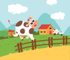Happy cartoon cow on green meadow. Milk dairy transportation, village landscape with farm animal, mountains, houses. Funny childish vector illustration