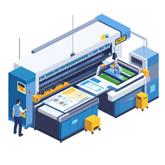 Isometric illustration of a large-scale printing press with workers operating machinery.