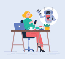 Woman working with help artificial intelligence. Neural network support in study or work, in online search. Girl and robot, digital vector scene