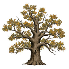 Illustration of a Majestic Oak Tree with Golden Leaves