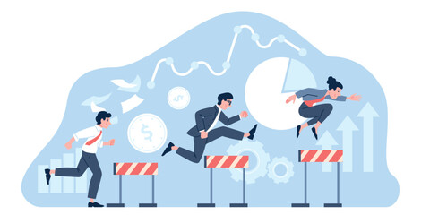 Business hurdles. Office characters run faster and jump over barriers. Team leader competition, employees racing for success. Recent vector job concept