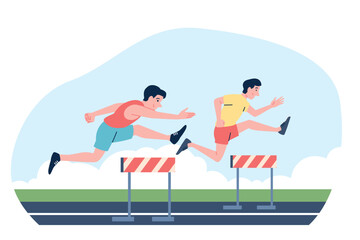 Hurdles competition. Male athletes in uniform fast run and jumping hurdle. Professional runners with barriers sport championship, recent vector scene