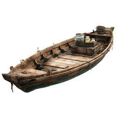 Antique wooden fishing boat,  laden with crates and jars