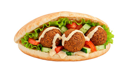 A close up shot of a falafel pita sandwich with lettuce tomatoes cucumbers and a creamy white sauce