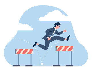 Businessman over hurdles. Male jump barriers, running and jumping hurdle. Business challenge, problems and difficulties overcomes, recent vector concept
