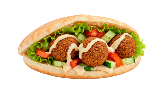 A close up shot of a falafel pita sandwich with lettuce tomatoes cucumbers and a creamy white sauce