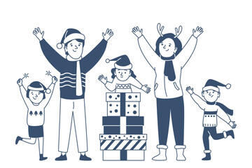 Children receive christmas gifts. Kids and adults rejoice at new year party. Happy family together in winter holidays. Presents and people, recent vector scene