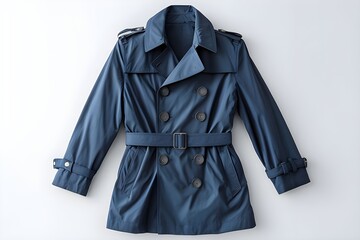 Steel Blue Double-Breasted Trench Coat, Classic Fashion Outerwear, Isolated on White Background, Detailed Product Studio Shot for Apparel Catalogs