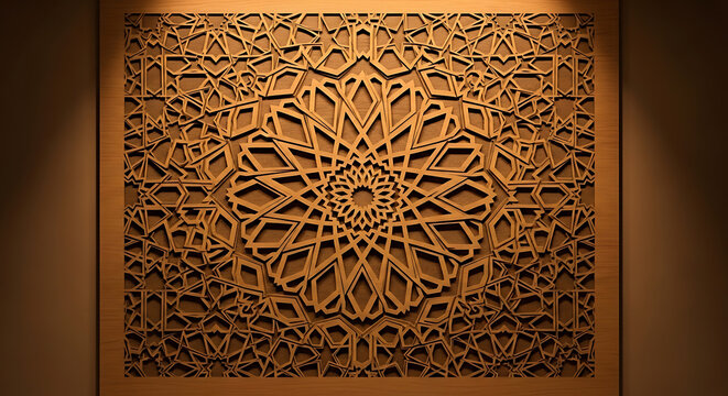 A complex geometric pattern carved into a wooden panel with intricate details and shadows casted - Powered by Adobe