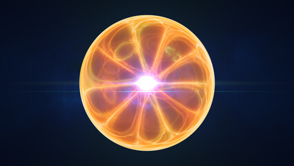 Glowing orange energy sphere with radiant plasma lines and bright core, isolated on a dark blue background