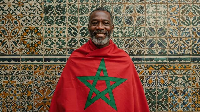 A smiling senior Black man wrapped in the Moroccan flag stands before a traditional tiled wall.