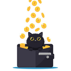 Flat icon of black fluffy cat with round yellow eyes and gold coin rain falling from above sitting inside open wallet