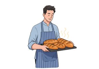 Illustration of a Baker Holding Freshly Baked Bread