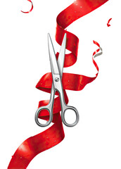 Red ribbon being cut with scissors