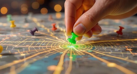 Hand Placing Pin on Map for Location Tracking