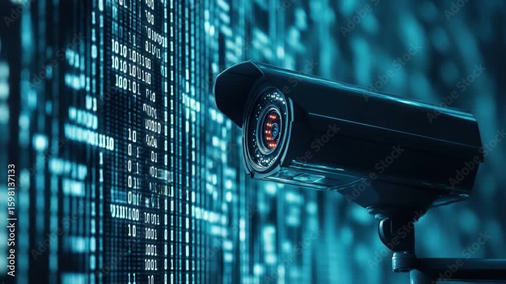 Poster surveillance camera overlooking digital data stream with binary code in background for security tech
