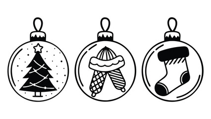 Three christmas ornaments with a tree, hat and scarf, and a stocking inside of them in black and white