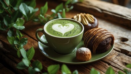 Matcha latte with heart-shaped foam art served on a green plate with assorted cookies, on a rustic wooden table surrounded by green foliage.