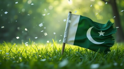 Celebrate Pakistan Independence Day with a flag gracefully resting on lush green grass and confetti falling