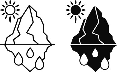 Ice Melting Icons. Black and White Vector Icons. Sun and Melting Glacier. Global Warming. Ecological Problem. Climate Change Concept
