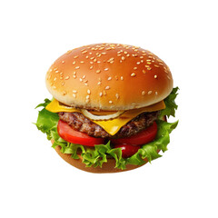 Close-up of a cheeseburger.  Fresh, juicy patty, melted cheese, crisp toppings