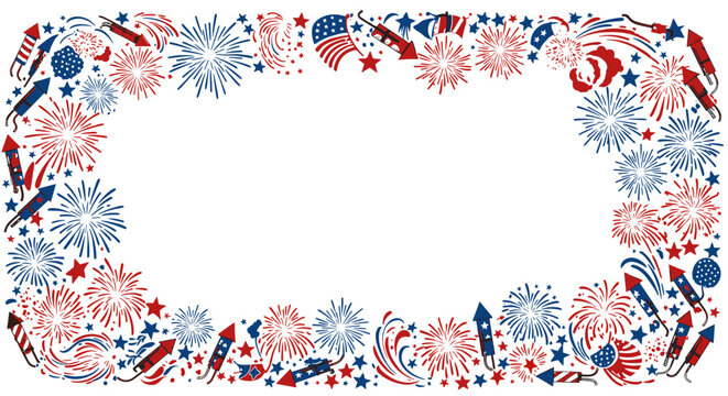 Festive patriotic fireworks border with stars and stripes for celebrat