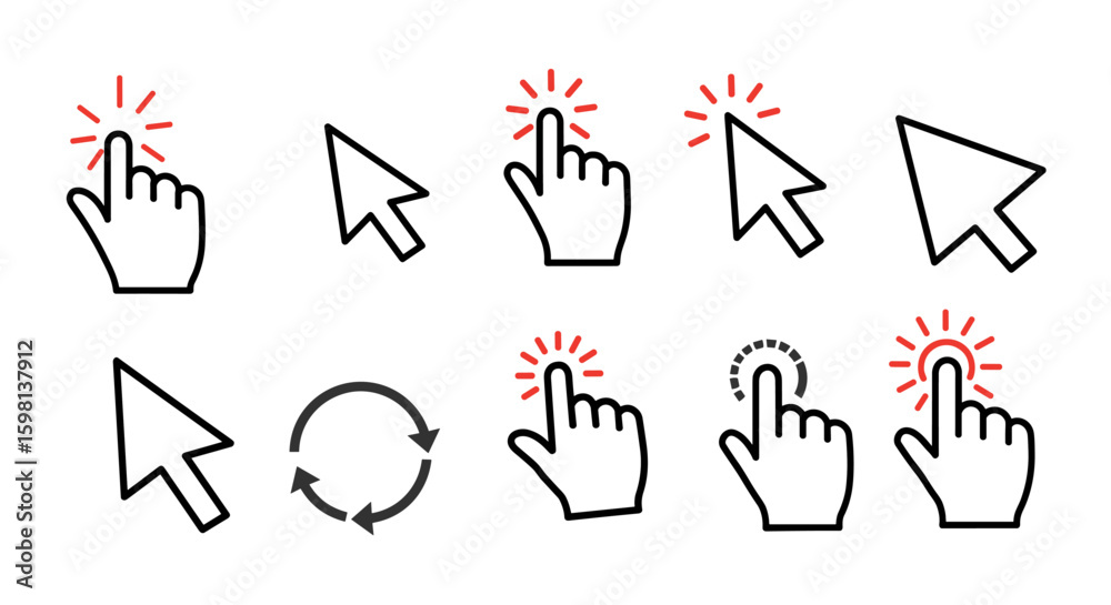 Fototapete Interactive pointer and click icons in linear style with cursor variat
