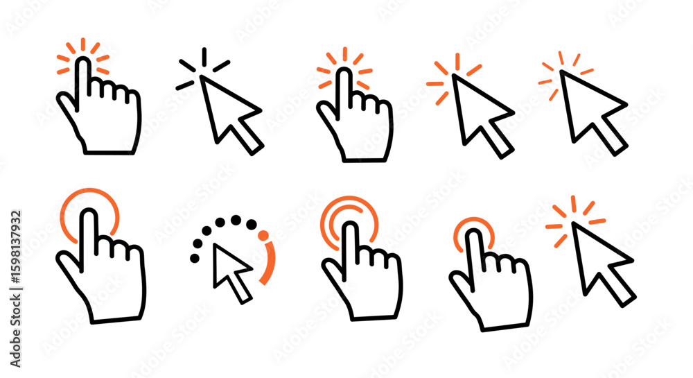 Poster simple hand and cursor icons in click gesture style for digital interf
