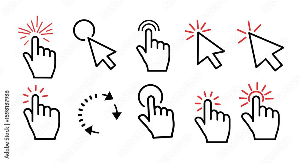 Poster cursor and hand click icons set with gesture symbols in flat design