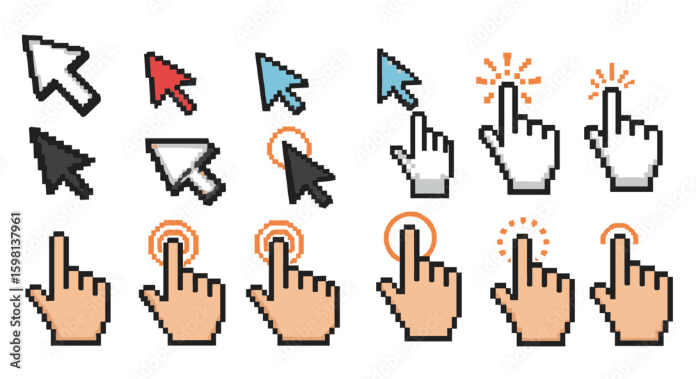 Poster pixel art mouse cursors and hand pointers with clicking animation