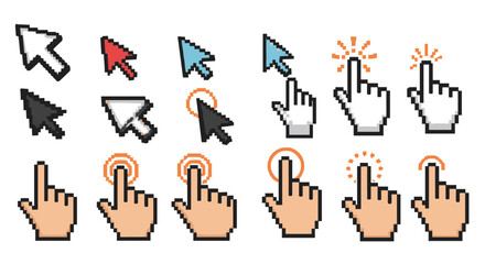 Fototapeta premium Pixel art mouse cursors and hand pointers with clicking animation
