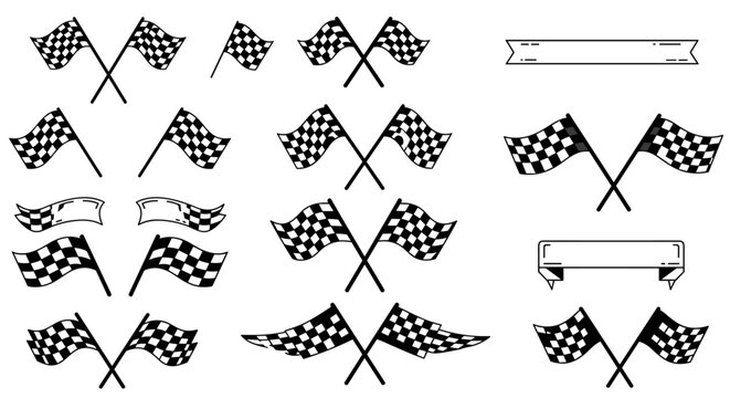 Collection of crossed racing flags and banners in black and white desi