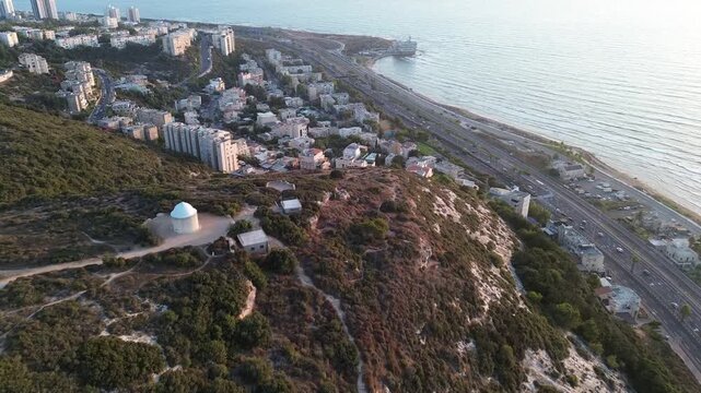  Panorama of Haifa bay from the Carmel mountain ,aerial view made from drone near the Stella Maris monastery chapel ,video footage 